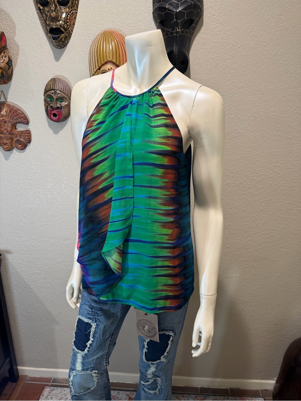 Vince Camuto Green Multicolor Halter Drape Blouse